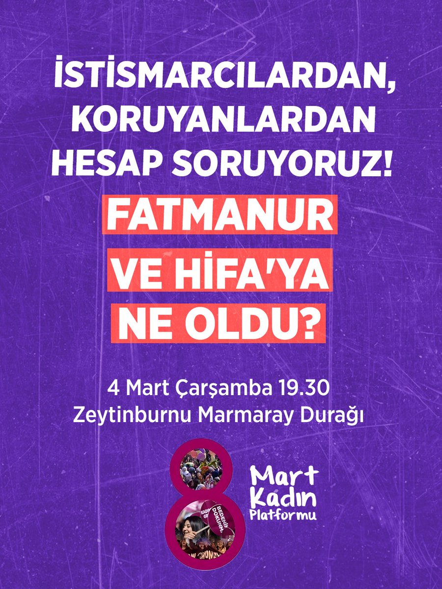 Kuran’a Hizmet Vakfı sorumlusu Ayhan Şengüler tarafından kendisinin ve kızının maruz bırakıldığı istismara karşı adliye önünde nöbet tutarak adalet arayan Fatmanur Çelik ve kızı Hifa İkra Zeytinburnu sahilinde şüpheli şekilde ölü bulundu. 

Fatmanur ve kızı Hifa için buluşuyoruz!