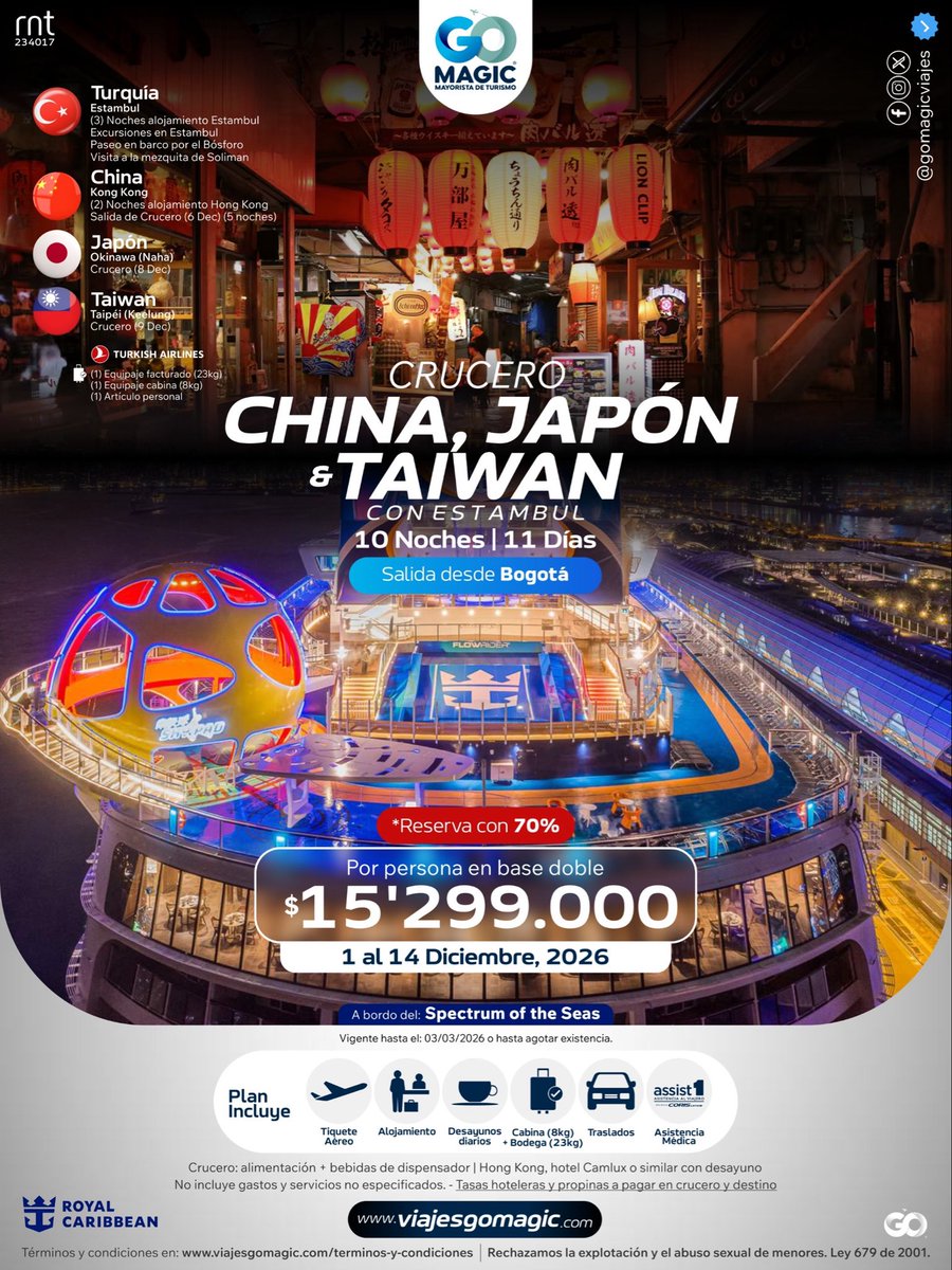 gomagicviajes's tweet photo. 🚢🌏 Crucero Asia: China + Japón + Taiwán (con Estambul) ✨
🔴 Reserva con 70%
📲 +57 321 487 1147
#Asia #Japan #China #Taiwan #GoMagicTravel #Colombia @TurkishAirlines https://t.co/3JUhiVBfp6