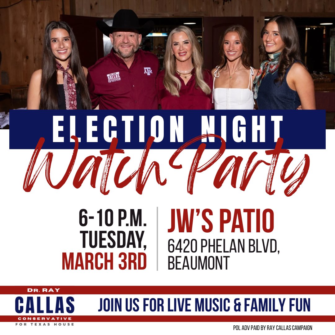 RayCallas4TX's tweet photo. Still plenty of time to get out and vote in the Republican Primary Election. Polls close at 7 pm and if you’re in line by then, you will still get to vote.

When you’re done, head over to our Election Watch Party at JW’s Patio. Looking forward to seeing everyone tonight. GOD BLESS TEXAS! #txlege