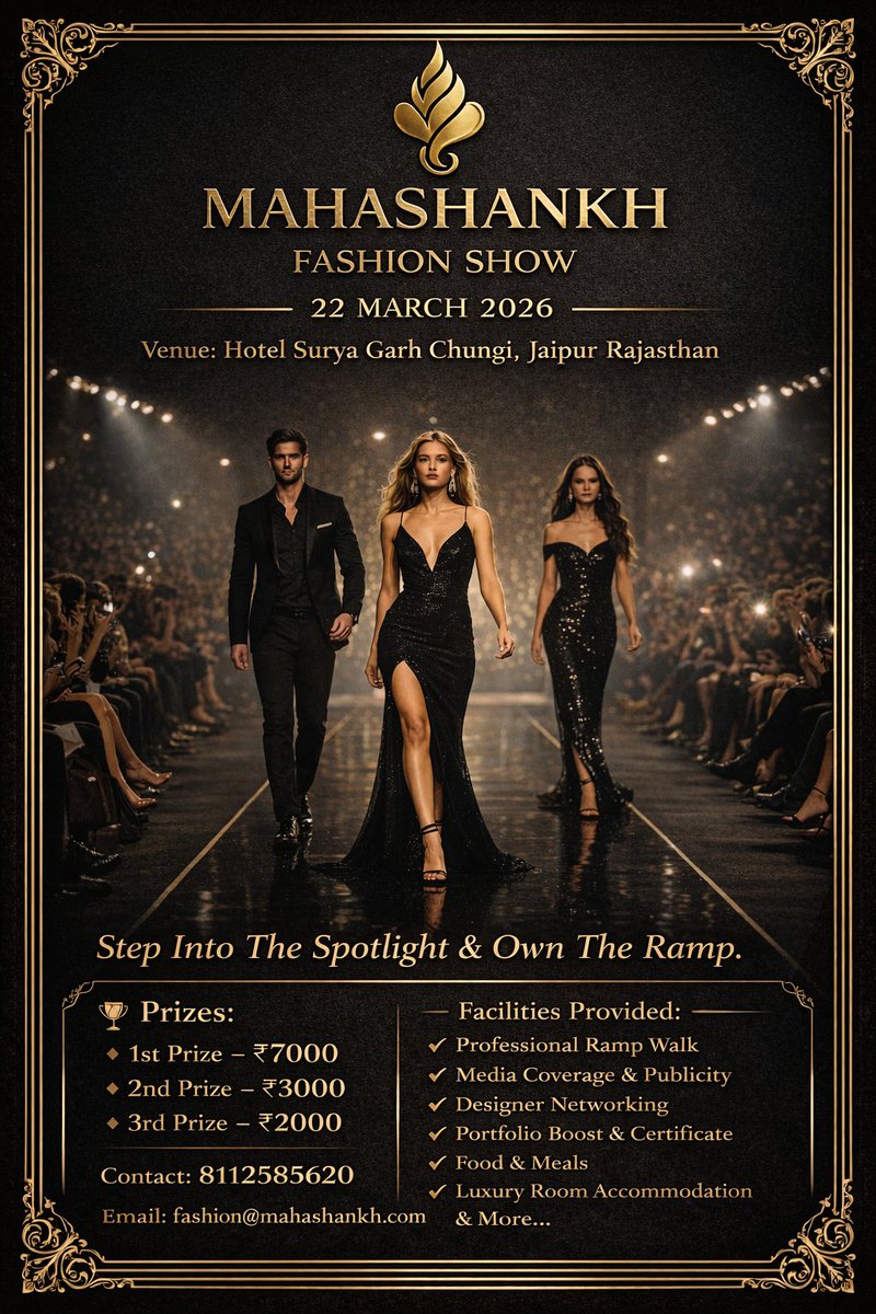 MahashankhFash's tweet photo. The Mahashankh Fashion Show 2026 is set to redefine the fashion landscape of Rajasthan on 22 March 2026 in the royal city of Jaipur, Rajasthan Organized under the prestigious banner of Mahashankh Fashion (Unit of Mahashankh Group) this grand event will celebrate culture. #fashion https://t.co/lFu5gJ9fQi