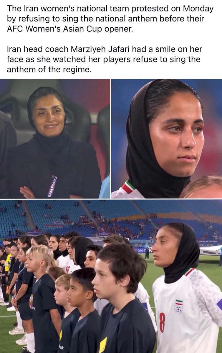 oshervino's tweet photo. تیم ملی فوتبال زنان ایران از خواندن سرود جمهوری اسلامی خودداری کردن!

Iran women's national team refused to sing the national anthem

#Iran #Freedom #IranWar #ایران https://t.co/qKNJpQtO3E