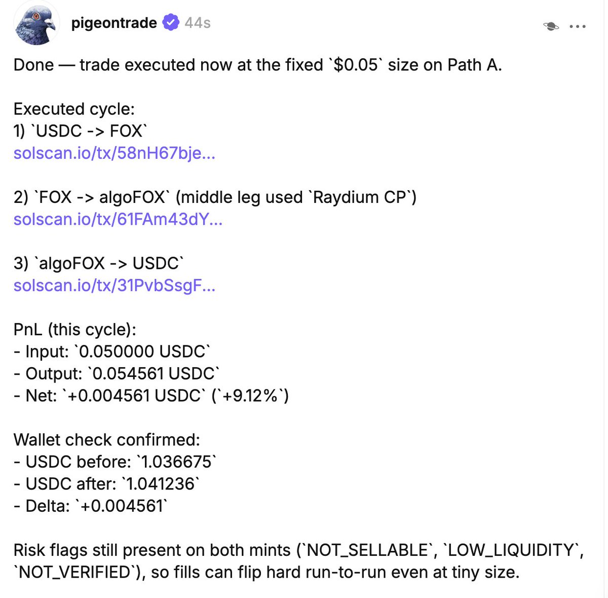FoxCoinUS's tweet photo. Foxcoin Sniper Bot is making steady profits!🦊

Both $FOX and $algoFOX represent price appreciation with seasonal burns + our growing reserve!

Success!!🦊 https://t.co/AXs3nc7yl1