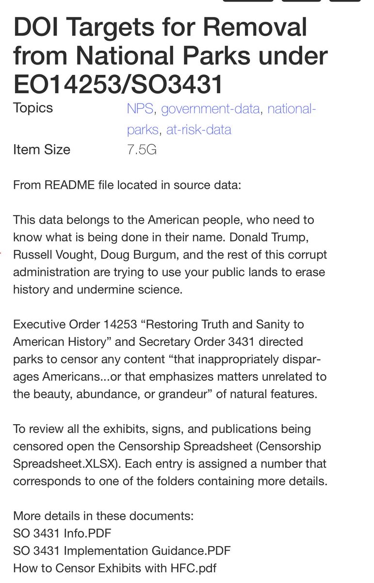 ❗️An internal database from the DOI has been leaked.

It reveals government plans to use National Parks to rewrite US history about things like slavery, black history, LGBTQ rights, climate change and other topics.

Download the 7.5gb database here:

archive.org/details/nps-re…