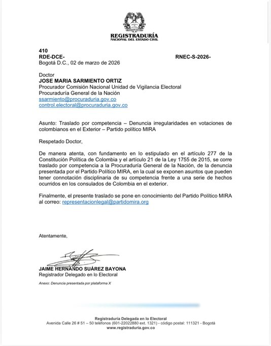 Horadelaverdad's tweet photo. La Registraduría remitió a la Fiscalía, Procuraduría y Cancillería las denuncias del partido MIRA sobre posibles irregularidades en las elecciones en el exterior, relacionadas con intentos de inducir el voto de los ciudadanos. https://t.co/CBknyNh7mn