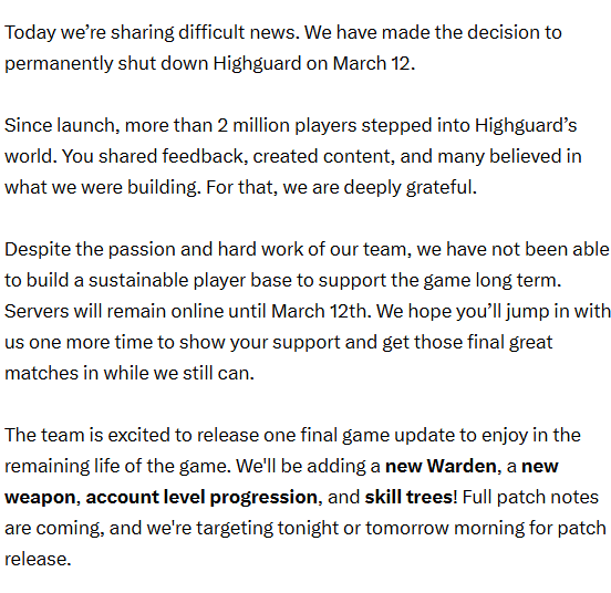 Highguard is officially shutting down March 12th 

After releasing just over a month ago