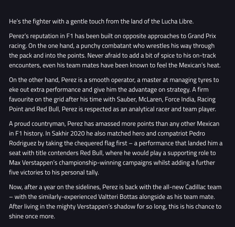 La F1 le ponía de descripción a Checo:

“Es el luchador con ‘toque suave’ de la tierra de la Lucha Libre” 😭

“Un luchador contundente que se abre paso entre los pilotos y se mete en los puntos. Sin miedo a añadir un toque picante a sus encuentros en pista, incluso sus compañeros