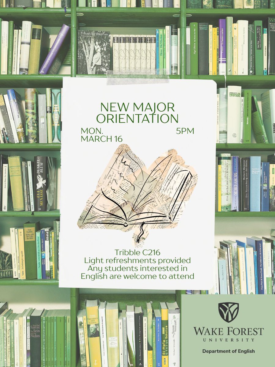 You're invited! The English Department's new major orientation event will take place in Tribble C216 on Monday, March 16th at 5pm. All new and current majors and any students interested in studying English are welcome to attend! Light refreshments will be provided. See you there!