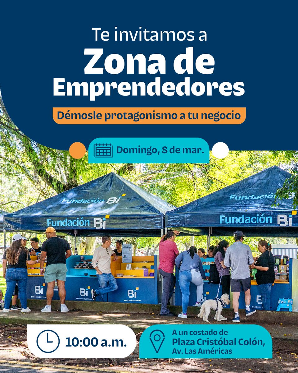 ¡Un domingo para apoyar y compartir en #ZonaDeEmprendedores! 🛍️

Ven y descubre productos increíbles para el hogar, belleza, salud, comida y mucho más.

📆 Domingo 8 de marzo.
⏰10:00 am.
📍Plaza Cristóbal Colón, Av. Las Américas.
✅ Actividad abierta al público

#FundaciónBi