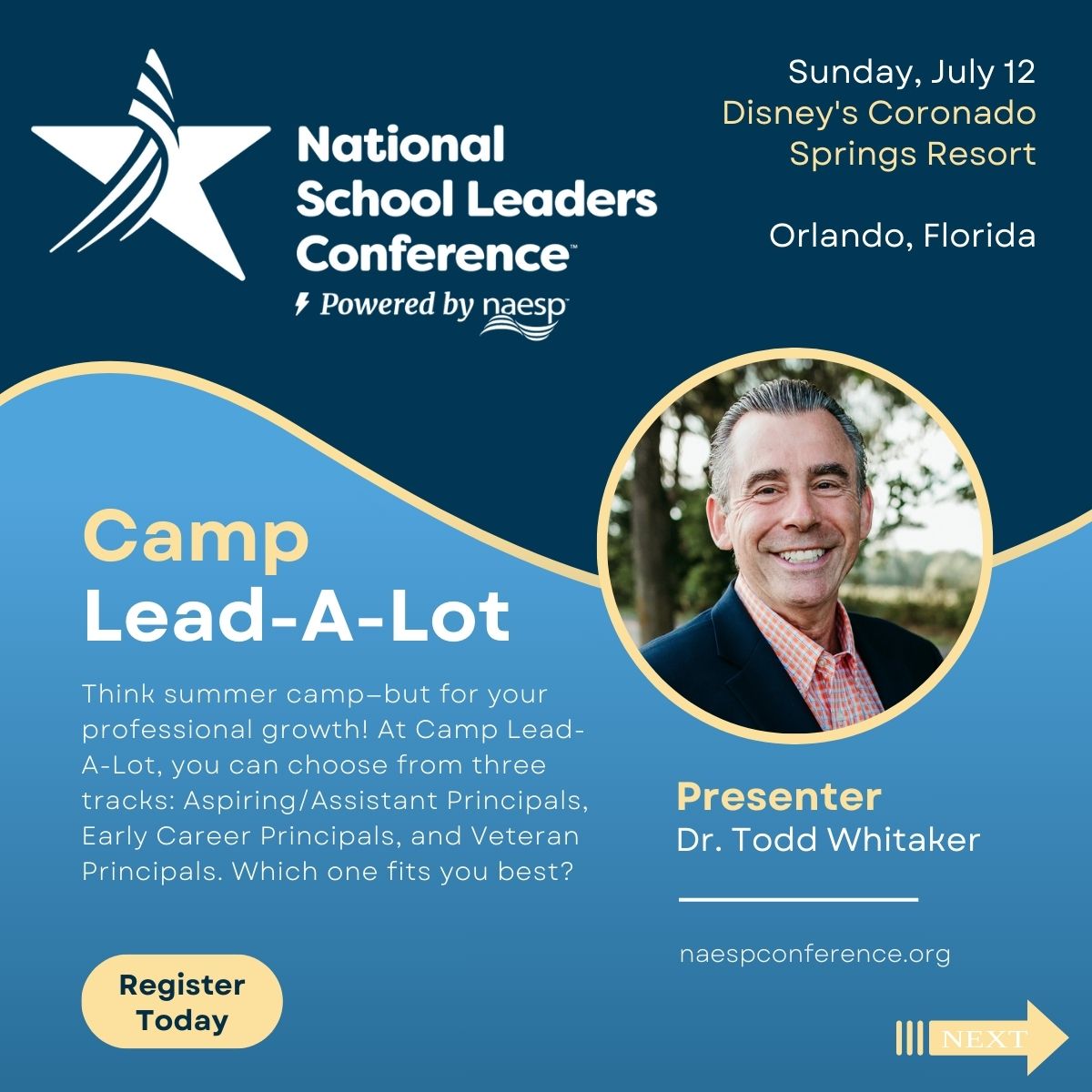 NAESP's tweet photo. Ready to boost your leadership skills? Camp Lead‑A‑Lot offers a full day of interactive sessions and challenges for #PreK12 leaders—guided by the incredible @ToddWhitaker.
Add it to your #NAESP26 conference plans: https://t.co/CPTI9IiclY https://t.co/YBW0pwBjoG