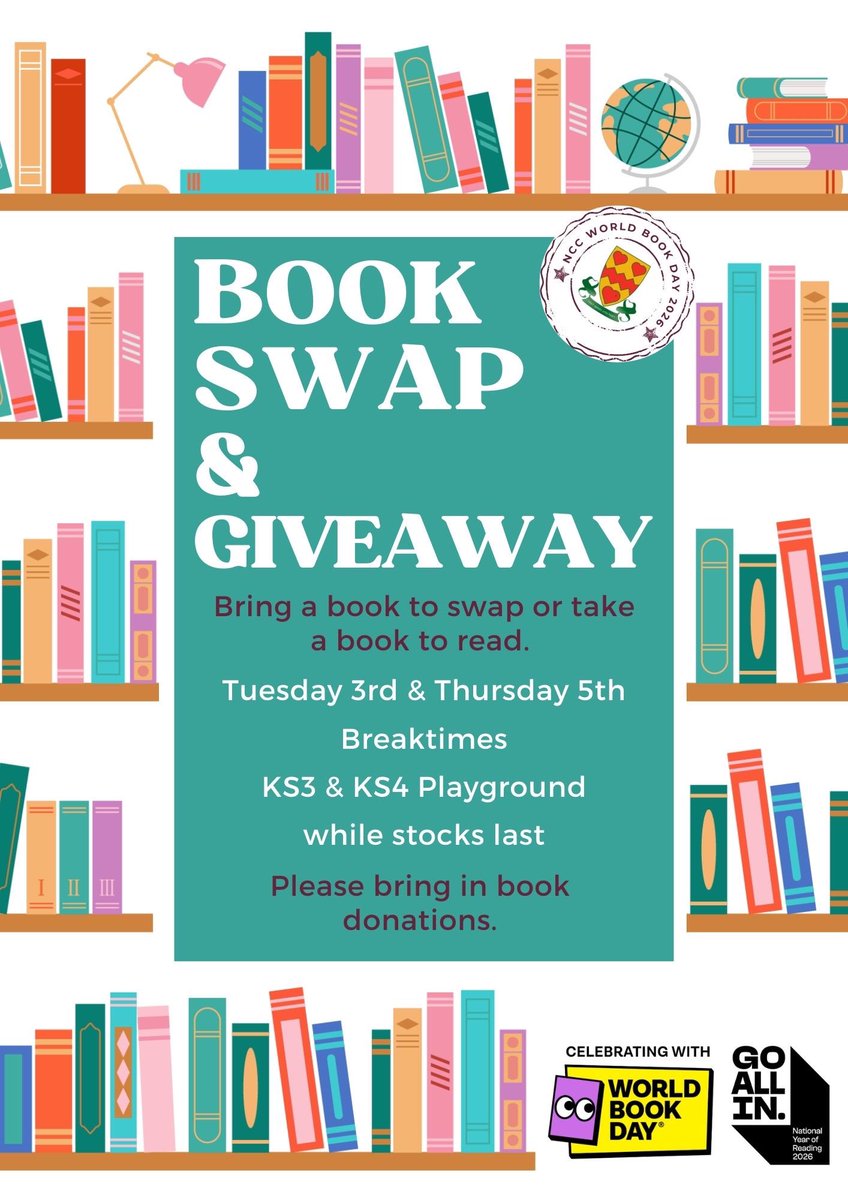 NCCBrent's tweet photo. BookSwap-As part of our World Book Day celebrations, students are invited to take part in our book swap &amp; giveaway. Please bring in donations of suitable books in good condition to the library.#readforfun #WorldBookDay #GoAllIn2026 #NationalYearOfReading2026 https://t.co/hZTfbwmtaL