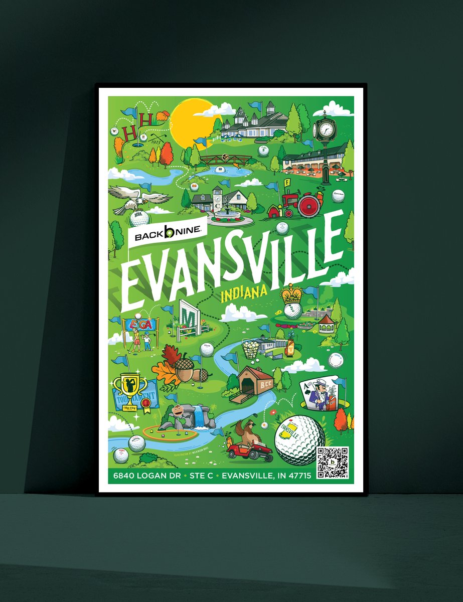 wilkinsonbros's tweet photo. Our latest mural puts an illustrative spotlight on the golf community in the #Evansville, IN area (where we grew up).
 
You’ll see it at The Back Nine, a high-tech, indoor 24/7 golf simulator. The E'ville franchise owner, Matt, wanted us to create an homage to local courses and organizations that make the sport thrive in the river city. ⛳️🏌️ https://t.co/ktnOpFB4fE