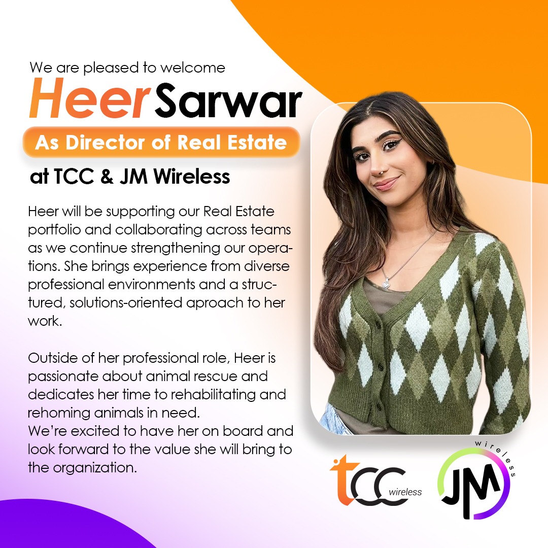 Welcome Heer Sarwar as Director of Real Estate at TCC &amp; JM Wireless. Her expertise and structured approach will strengthen our growing portfolio. Excited for the impact ahead.

#TCCWireless #JMWireless #Leadership #RealEstate #TeamUpdate