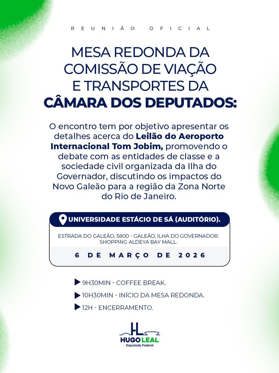 ilhaemfoco's tweet photo. O Deputado Federal @depHugoLeal está trazendo para a Ilha do Governador um debate super relevante sobre o novo leilão do Aeroporto Internacional do Galeão. Através de uma Mesa Redonda, serão debatidos os impactos econômicos, sociais e Institucionais da nova concessão. PARTICIPE! https://t.co/JdLOBcuhON