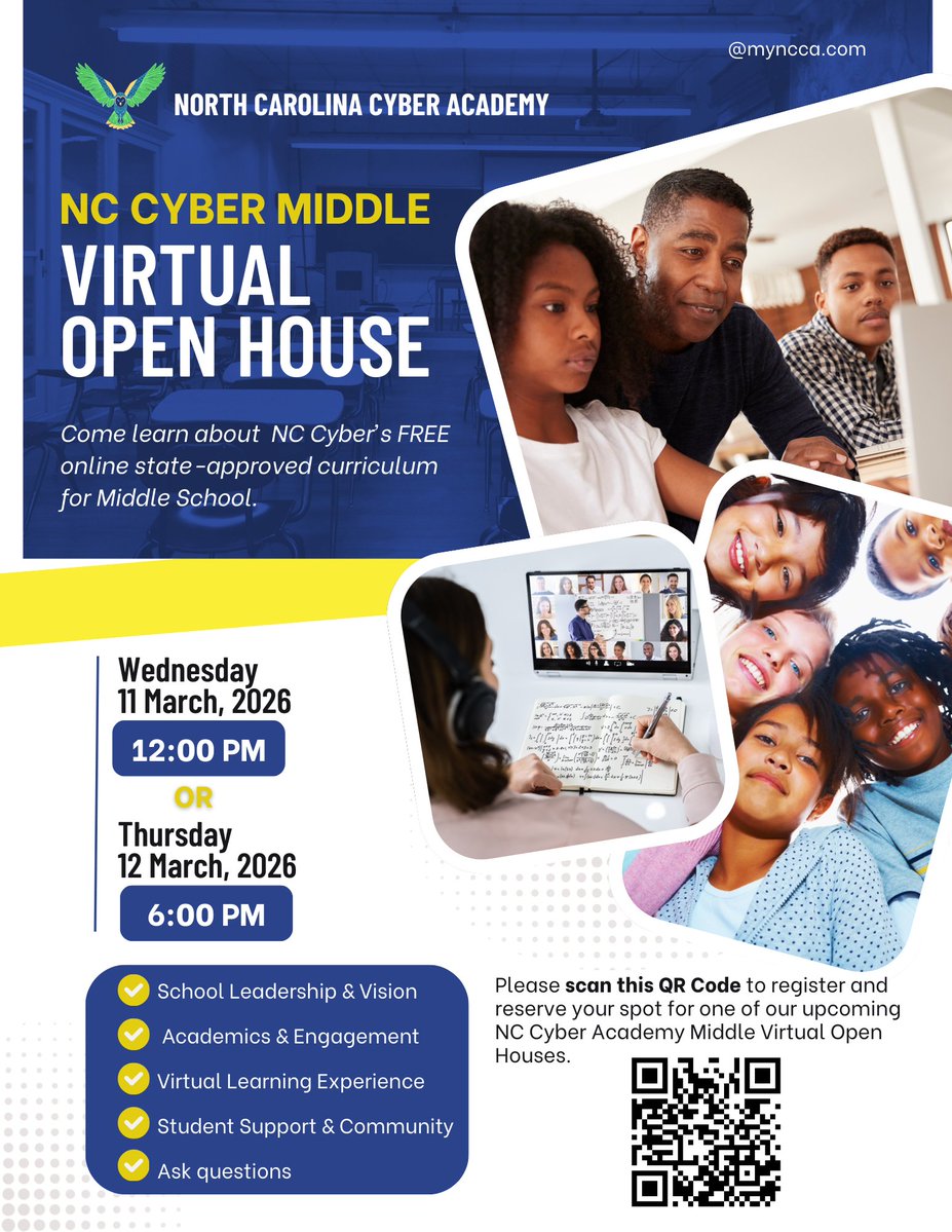The North Carolina Cyber Academy Middle School will be hosting two Open Houses on Wednesday, March 11 at 12:00 p.m. Noon, as well as Thursday, March 12 at 6:00 p.m..