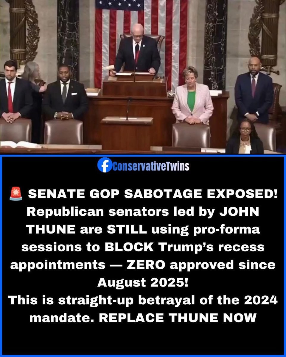Thune is blocking <a href="/POTUS/">President Donald J. Trump</a> from make ANY recess appointments by using the Pro Forma recess.

He is leading a Legislative COUP against the president and killing the US!

SABOTAGE!
.<a href="/LeaderJohnThune/">Leader John Thune</a>