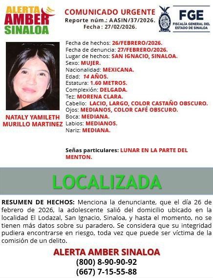 La adolescente ya fue localizada. Gracias por su colaboración.
#AlertaAmberSinaloa
#FiscaliaSinaloa