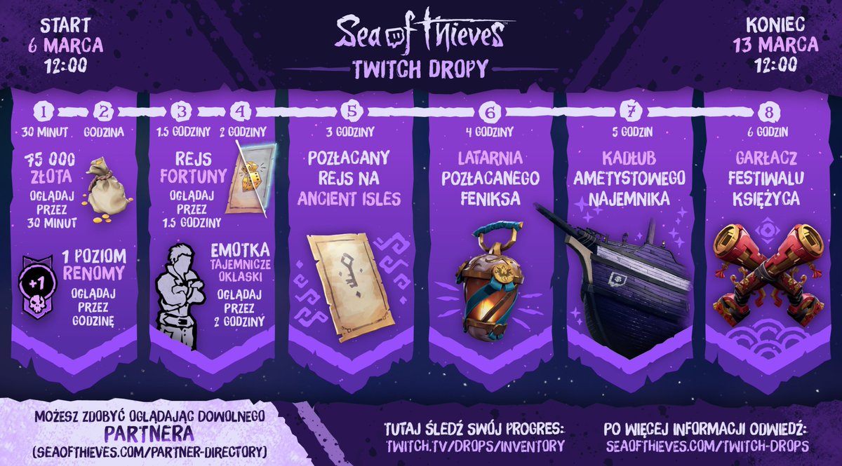 Twitch Dropy wracają! 🎮

Od 6 marca (11:00) do 13 marca (11:00) oglądaj streamy partnerów Sea of Thieves lub Affiliate Alliance i zgarnij nagrody - w tym efektowny Kadłub Ametystowego Najemnika!

Wystarczy do 6h oglądania, by odebrać wszystko!
Nie zapomnij podpiąć konta Xbox!💜