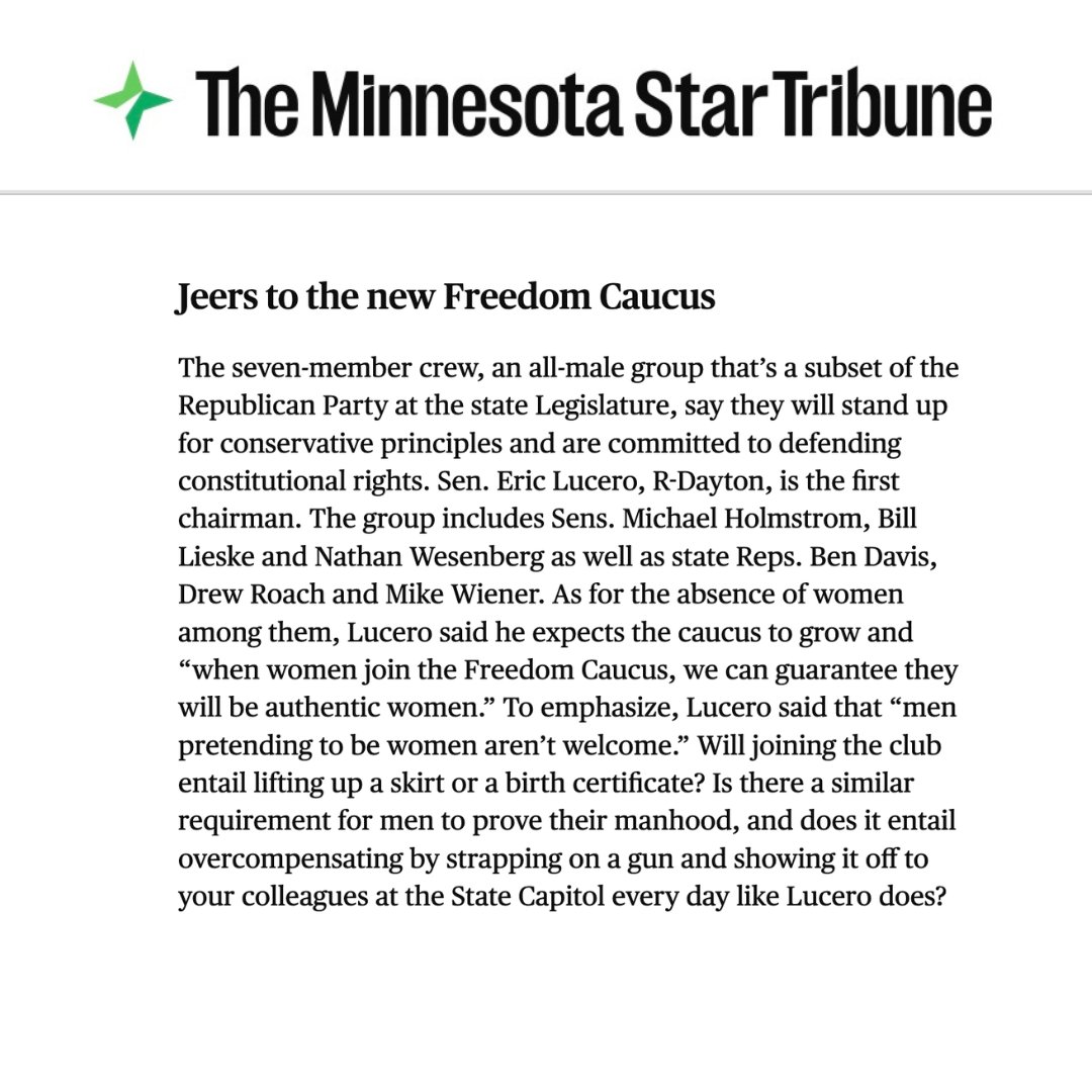 The Star Tribune is mad that only real women are allowed to join the Minnesota Freedom Caucus, and that Chairman <a href="/EricLucero/">Eric Lucero</a> utilizes open carry.

Stop, I already like the <a href="/FreedomCaucusMN/">Minnesota Freedom Caucus</a>, you don't have to convince me.