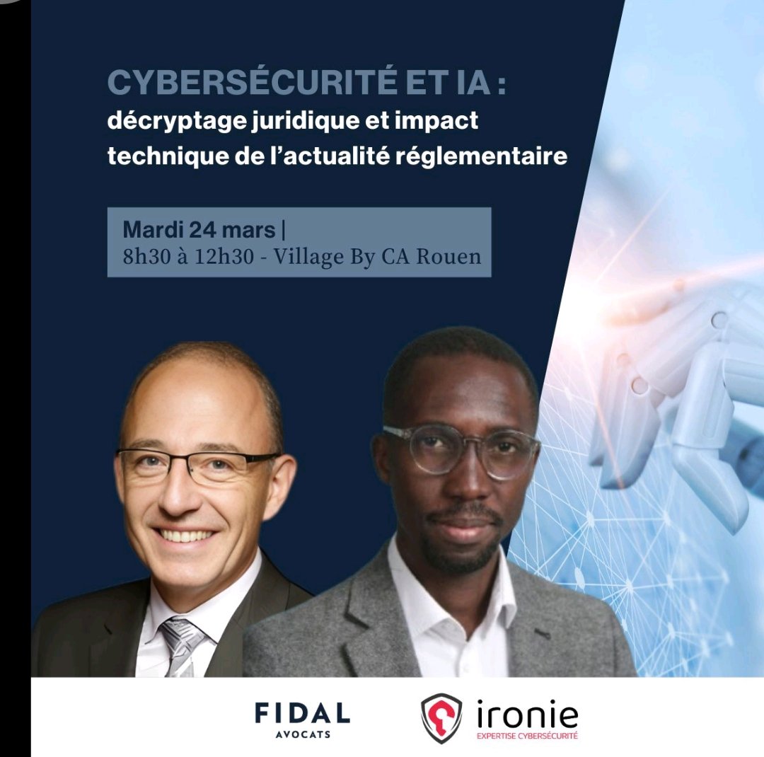 Ibandagrace's tweet photo. ✨️ #FocusDigital #CKeynote
Pas de gouvernance numérique solide sans alliance du Droit et de la technique !
Directive NIS 2, règlement DORA, AI Act … Ces textes européens redéfinissent les obligations des organisations et imposent des choix structurants en matière de stratégie, de gestion des risques et de conformité.
La cybersécurité et l’intelligence artificielle ne sont plus des sujets “à surveiller”.
Elles sont déjà au cœur des décisions stratégiques.
Fidal Avocats - Normandie, en partenariat avec IRONIE - Expertise Cybersécurité, vous convie à une matinée pour décrypter ces évolutions et en mesurer les impacts sur votre organisation.
📅 Au programme :
En 3 heures, lors de cette intervention, nous vous présenterons :
✅️ Directive NIS 2 |
Les nouvelles obligations en matière de cybersécurité, les responsabilités des dirigeants et les impacts organisationnels à anticiper.
✅️ Règlement DORA |
Résilience opérationnelle numérique des entités financières : exigences internes, gestion des incidents majeurs et cadre déclaratif.
✅️ AI Act |
Acteurs concernés, systèmes à haut risque, calendrier d’application et conséquences pour votre stratégie d’entreprise.
✅️ IA générative & IP |
Droit d’auteur, usages sensibles et points de vigilance pour sécuriser vos pratiques.
Inscrivez-vous dès maintenant via ce lien : 👇🏽
https://t.co/rlSBJpVEvv
📌 mardi 24 mars 2026
🕜 de 8h30 à 12h30
📍 Village By CA, 107 All. François Mitterrand, 76100 Rouen
*Evènement gratuit - Places limitées.
cc Guillaume VALLINI