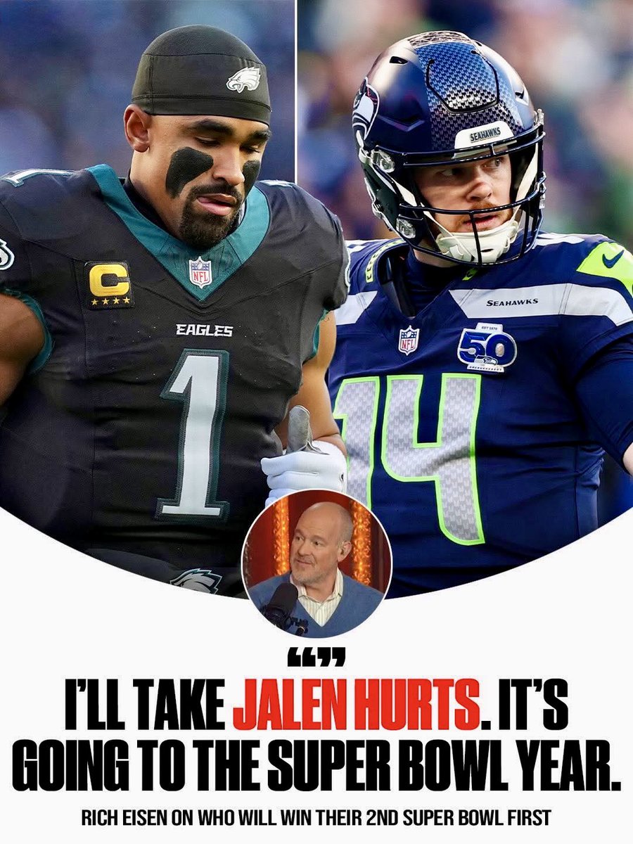 TRENDING:

Rich Eisen says Jalen Hurts is in his “going to the Super Bowl year” based on the Eagles pattern 👀

He’s picking Hurts to win his second before Darnold.