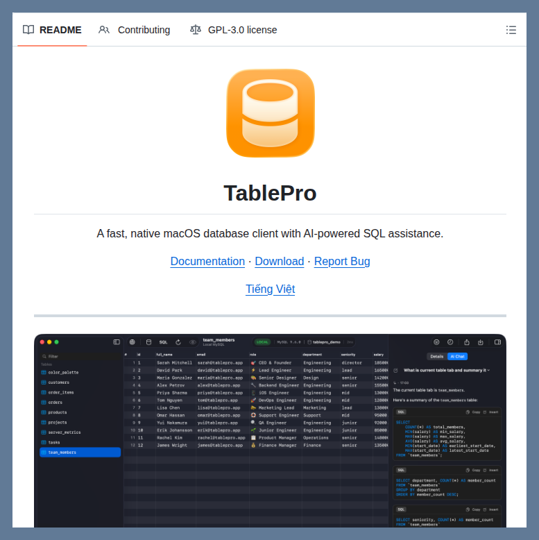 macOS database client with AI SQL assistance https://t.co/RrGtE1PAMl