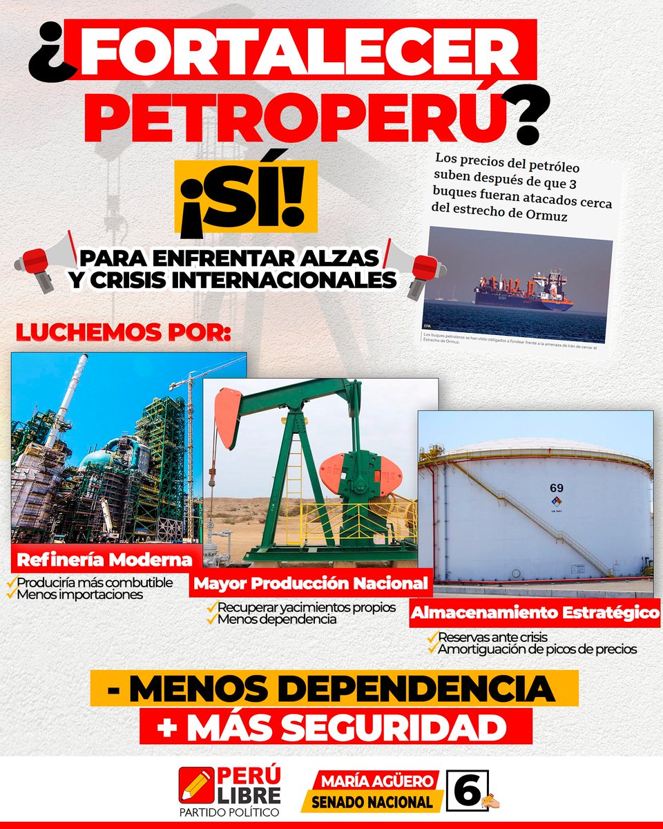 MariaAguerogut1's tweet image. 📢⛽ El alza del petróleo en el mundo afecta combustibles y alimentos a países importadores.
Fortalecer a PETROPERÚ es clave para garantizar abastecimiento, estabilidad y soberanía energética. 🇵🇪
#Petroperú #SoberaníaEnergética #PerúLibre