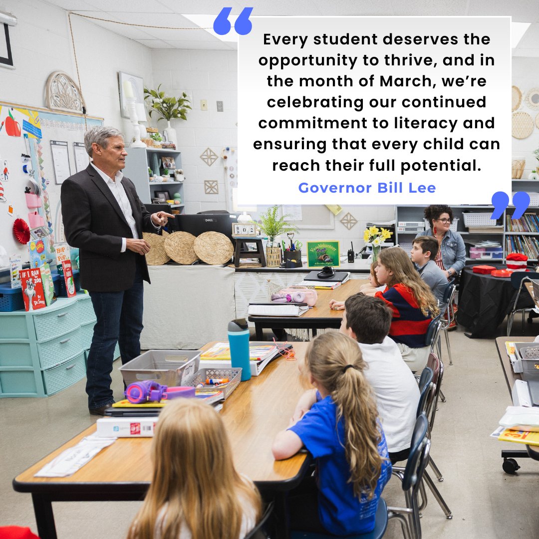 NatlGovsAssoc's tweet image. Yesterday, @GovBillLee marked March 2-6 as #ReadAcrossAmericaWeek and proclaimed it #LiteracyMonth in Tennessee, highlighting the Administration’s work to strengthen literacy and prepare young readers for success. tn.gov/governor/news/…