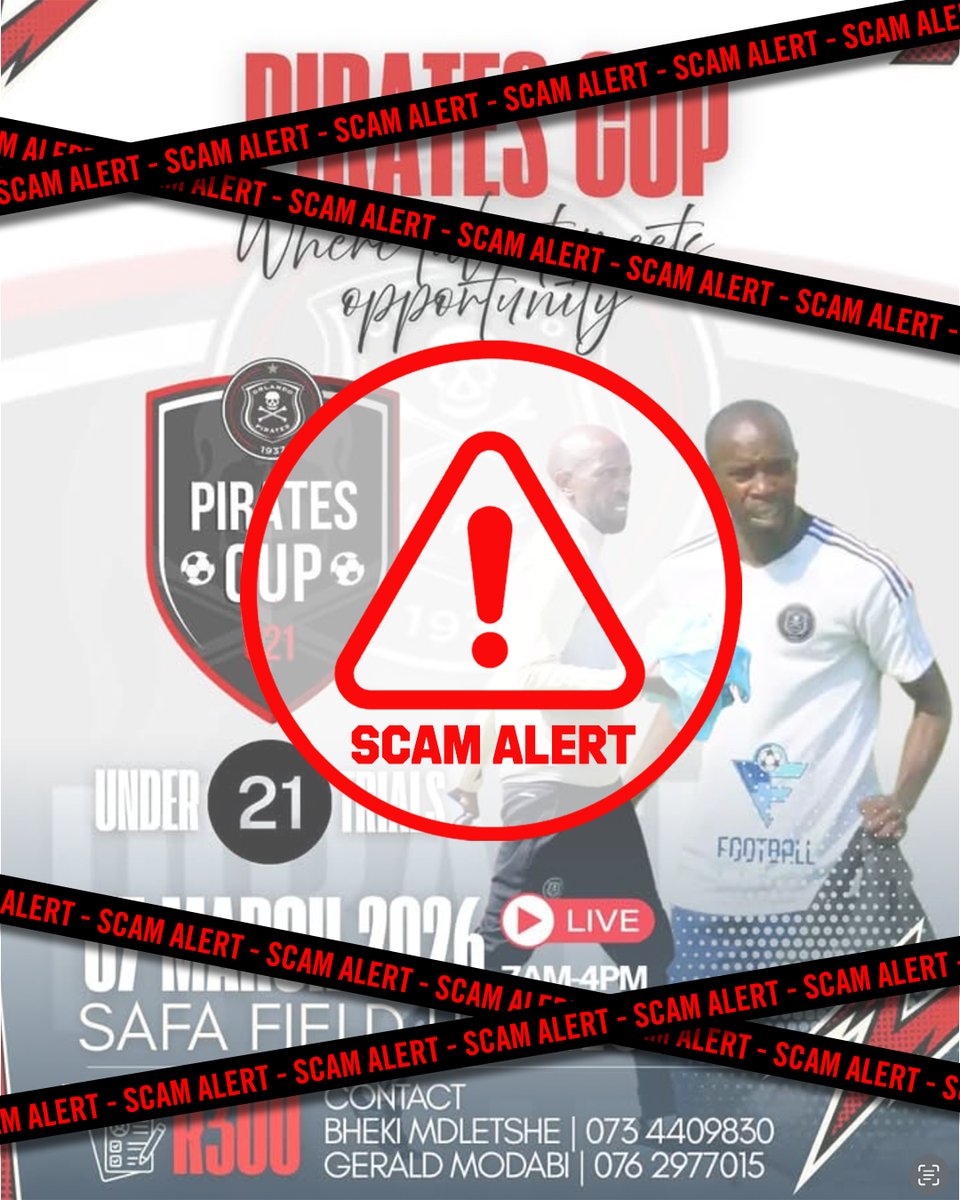 🚨 𝐒𝐂𝐀𝐌 𝐒𝐂𝐀𝐌 𝐒𝐂𝐀𝐌⚠️

if it’s not on official <a href="/orlandopirates/">Orlando Pirates</a>  platforms, it is not authentic.

⚫⚪🔴⭐
#OrlandoPirates
#OnceAlways
