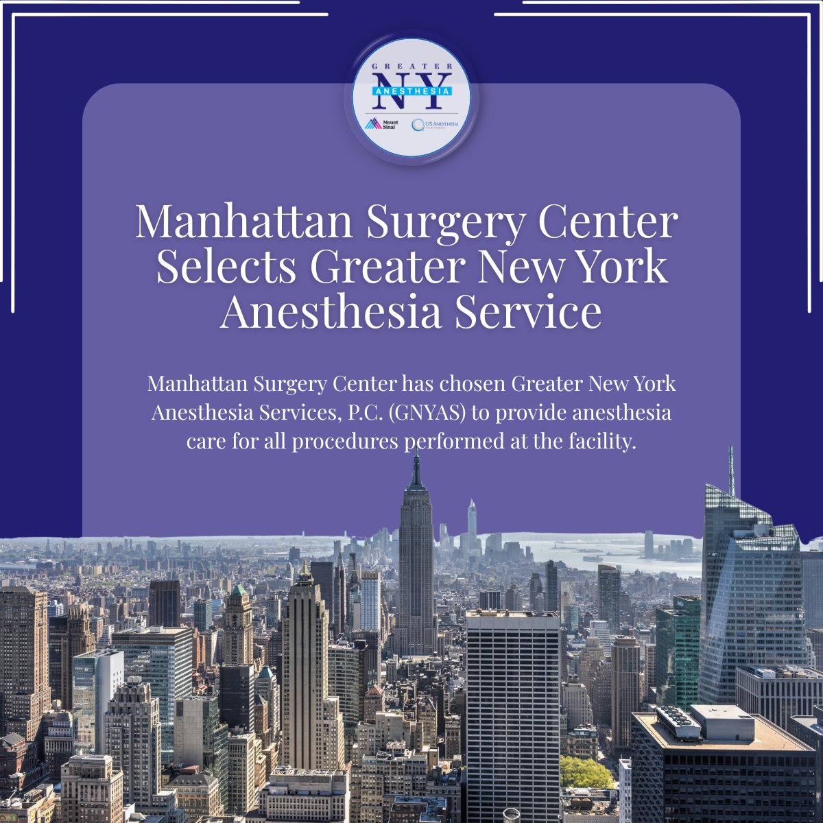 gnyas_'s tweet photo. Manhattan Surgery Center has selected #GNYAS to provide #anesthesia care for all procedures performed at the facility in Midtown Manhattan.

This new partnership reflects a shared commitment to high-quality care, and operational efficiency. 

Learn more: https://t.co/RGga7Ih7dq https://t.co/e2OwE9VYY0