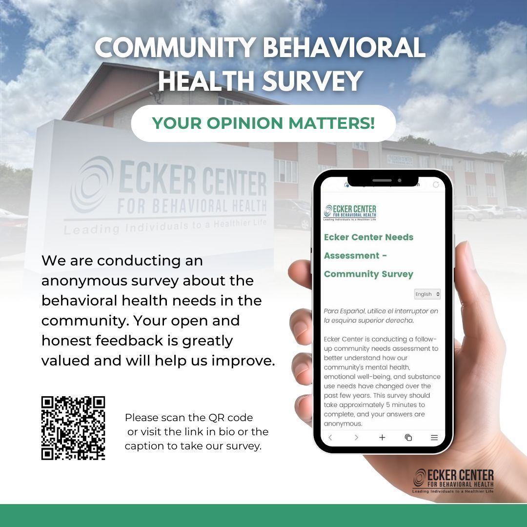 ecker_center's tweet photo. We’re updating our community needs assessment and want to hear from you. Please help us understand what our community needs to support mental well-being and address substance use by taking this brief, anonymous survey. Click this link: https://t.co/4im5rxY6vt https://t.co/TE3MaUqNfX