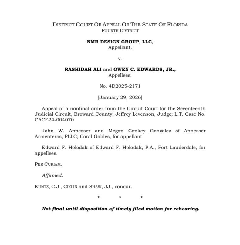 Rah Ali has been dragged to court again, this time by NMR Design Group, LLC., for failing to pay for design and construction work. The case went all the way to the 4th District Court of Appeal (4D2025-2171). 

— Known for a history of theft and fraud, Ali once again left a