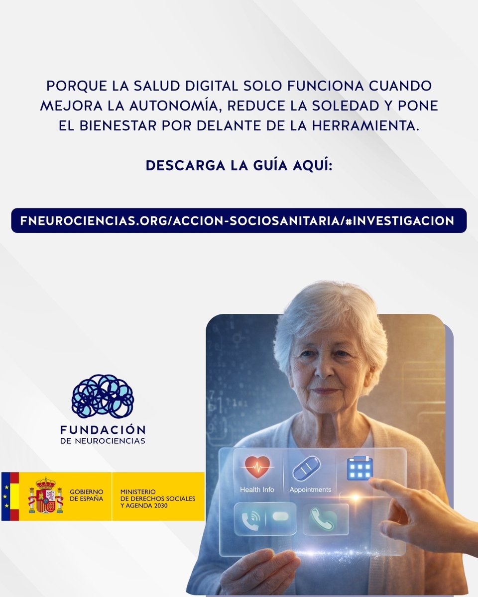fneurociencias's tweet image. La transformación digital también debe ser humana💙

Porque la salud digital solo funciona cuando mejora la autonomía, reduce la soledad y pone el bienestar por delante de la herramienta.

📖 Descarga la guía aquí:
fneurociencias.org/accion-sociosa…

#DigiMental #SaludDigital #Salud