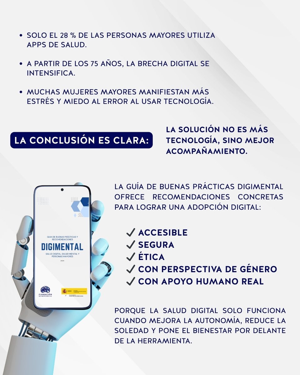 fneurociencias's tweet image. La transformación digital también debe ser humana💙

Porque la salud digital solo funciona cuando mejora la autonomía, reduce la soledad y pone el bienestar por delante de la herramienta.

📖 Descarga la guía aquí:
fneurociencias.org/accion-sociosa…

#DigiMental #SaludDigital #Salud