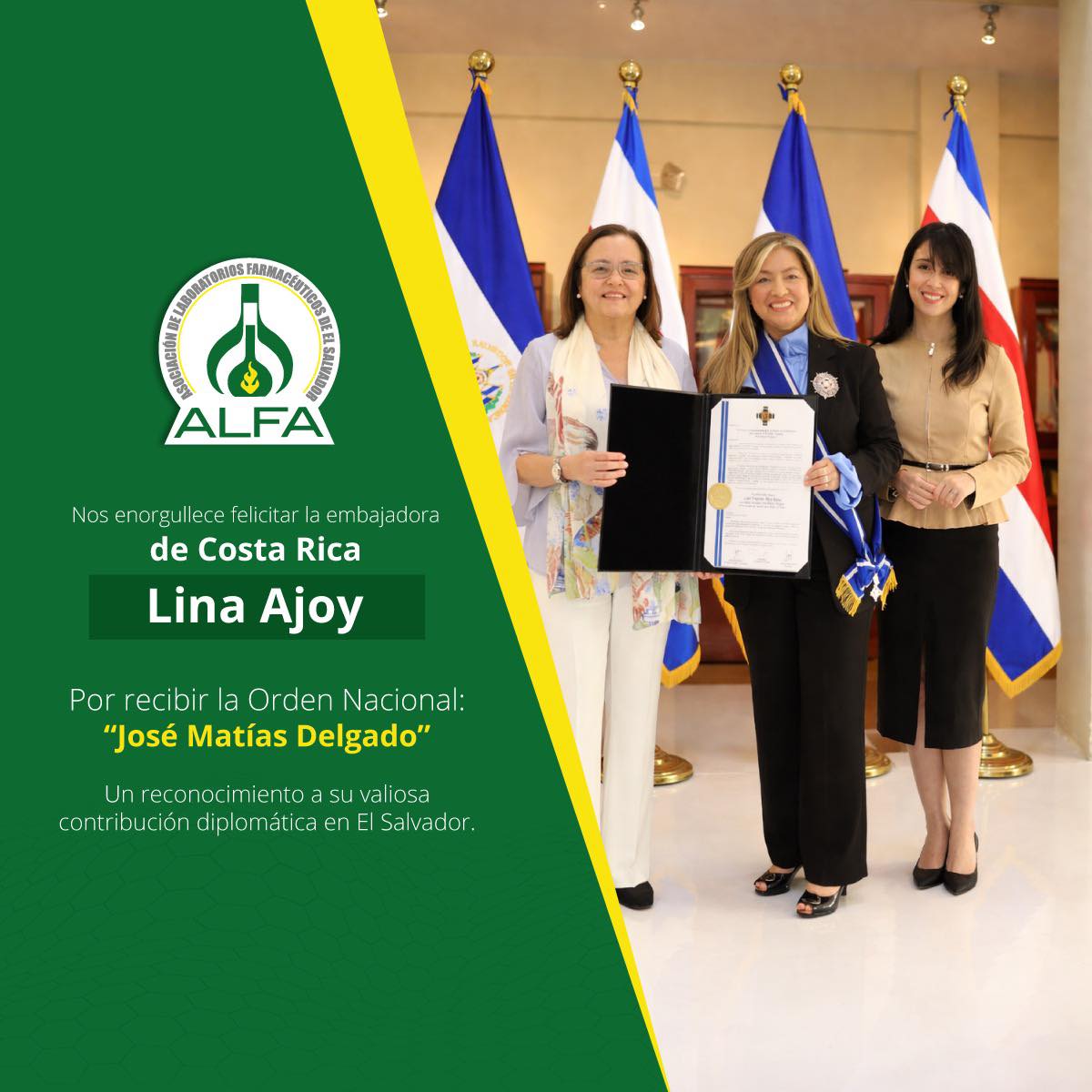 ALFAORGSV's tweet photo. 🇸🇻🤝🇨🇷 Felicitamos a la Excelentísima Embajadora de Costa Rica, @AjoyLina , por recibir la Orden Nacional “José Matías Delgado”.

Este galardón reconoce su invaluable labor diplomática y su compromiso con el fortalecimiento de los lazos entre nuestras naciones.

#ALFA #Diplomacia https://t.co/FQONB3VSsQ