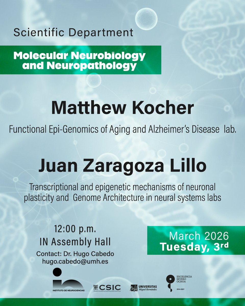 NeuroAlc's tweet photo. Today, the IN Molecular Neurobiology and Neuropathology Scientific Department has offered a new scientific seminar featuring the presentation of researcher Matthew Kocher (lab @sanchez_mut) and PhD student Juan Zaragoza Lillo (@BarcoLab)👏👏 https://t.co/clIUvUjPqV