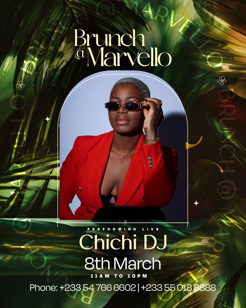 DJMensahEvents's tweet photo. When the #Brunch is long, the playlist is fire, &amp; the queen is behind the decks. 

Chichichi DJ live in the building this Women's Day! 
8th March | 11AM–10PM

Elegant eats, killer cocktails, unmatched energy. 
Secure your table now → 0547666602 

#BrunchAtMarvello #ChichichiDJ https://t.co/DNWw58JWnw