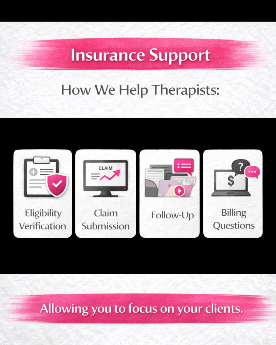 vbsvirtual's tweet photo. Insurance does not have to slow you down. 💗 From eligibility checks to claim follow ups, we help therapists stay organized and paid. Learn more at https://t.co/QmApqDElbn! #TherapistBilling #InsuranceSupport #PrivatePracticeHelp #MentalHealthAdmin https://t.co/dQ51X0Zboi