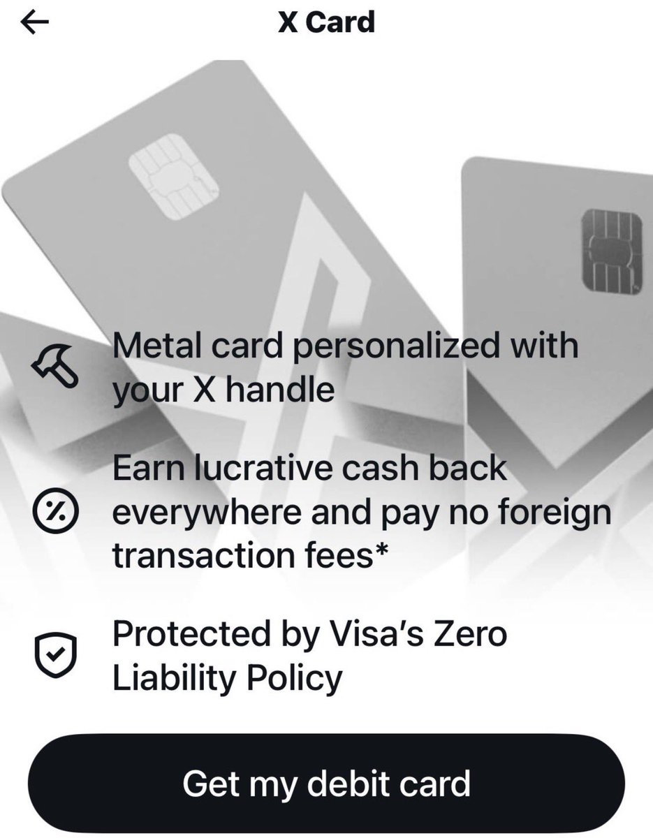 niccruzpatane's tweet photo. 𝕏 Debit Card: 

• Metal Card Personalized with your 𝕏 handle: 
• No Foreign transaction fees
• Earn lucrative cash back everywhere https://t.co/bXX0BqOkPJ