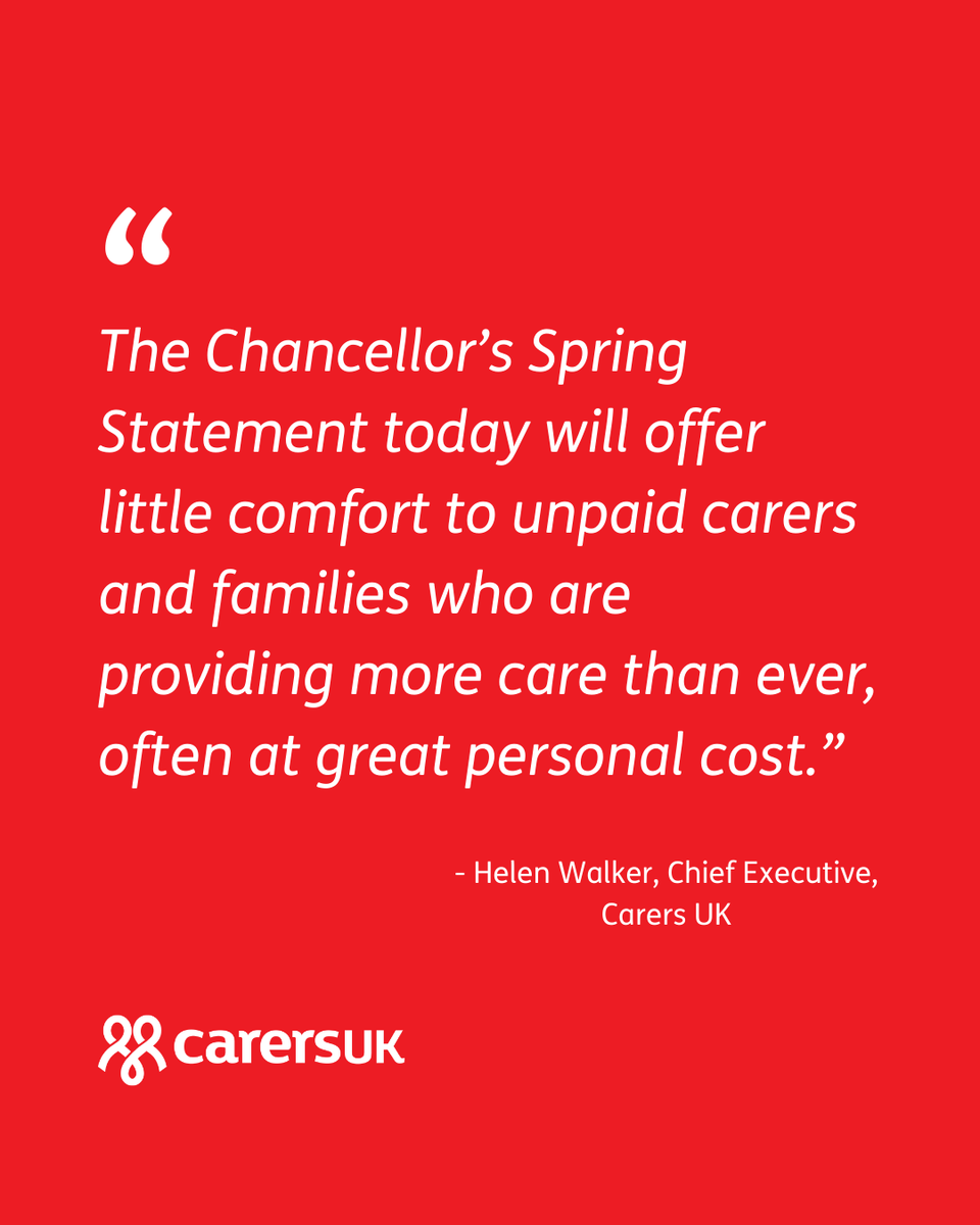 CarersUK's tweet photo. Today's Spring Statement has only highlighted the need for a detailed and comprehensive plan from the Government outlining how we can better support unpaid carers.

Read our full statement here: https://t.co/qiumHCVt8o
@Helen_M_Walker https://t.co/ah3naiBXxr