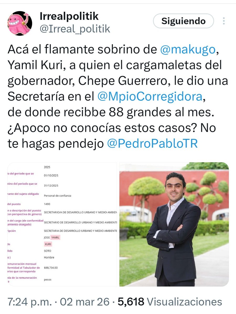 Monicao2712's tweet photo. Vaya, vaya… resulta que el sobrino de @makugo, Yamil Kuri, es titular de una Secretaría en el @MpioCorregidora.
Qué curioso ningún chayotero  haya dicho absolutamente nada al respecto.
Sería muy interesante conocer la opinión del "especialista" @GildoGarzaMx sobre el tema. 🤭 https://t.co/U9X7yYFHCt
