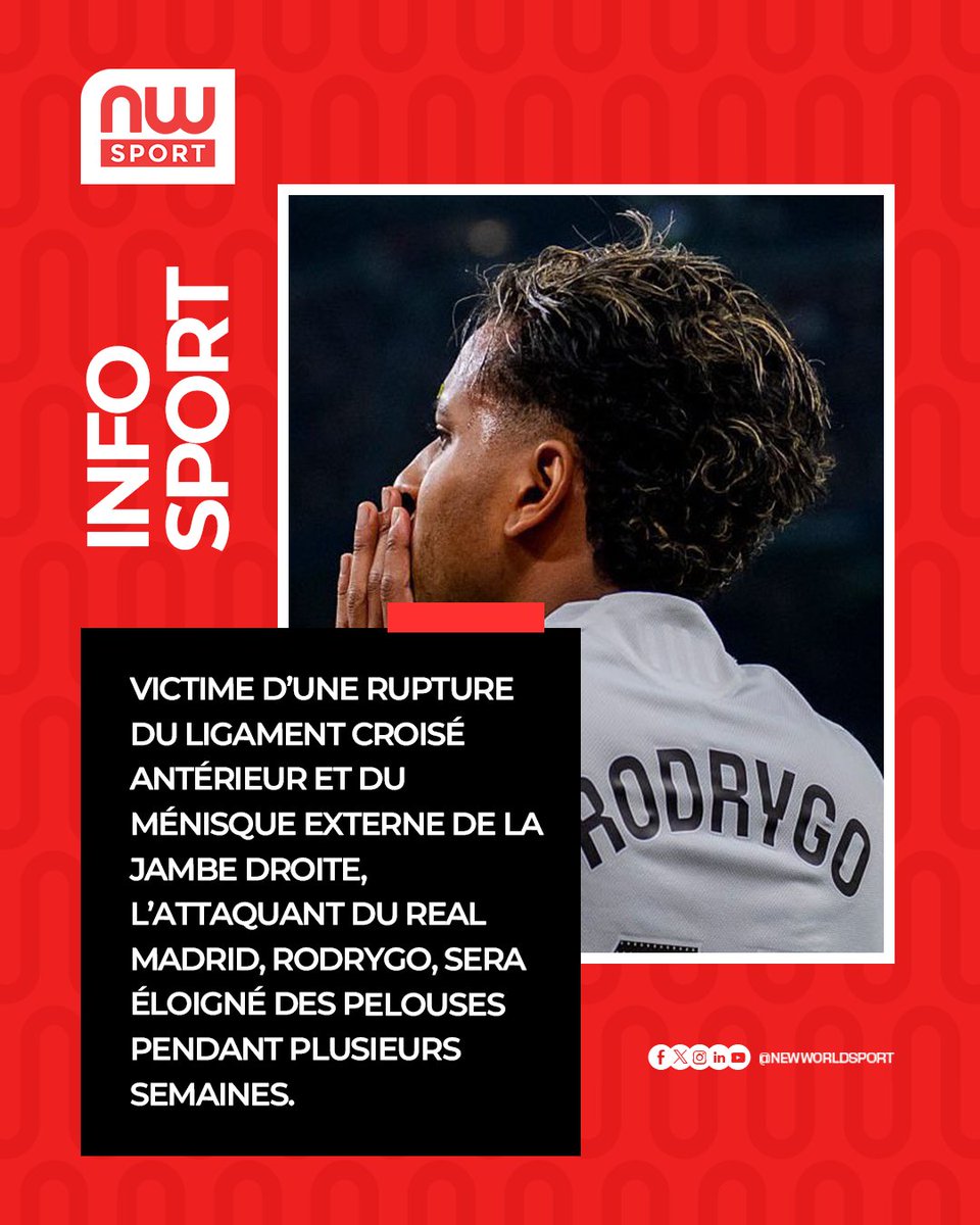 New_World_Sport's tweet photo. Nouveau coup dur pour le Real Madrid, déjà diminué par les blessures de Jude Bellingham et Kylian Mbappé.

L’attaquant brésilien pourrait même manquer la Coupe du Monde en Juin

#newworldsport #infosport #realmadrid #brazil #sports https://t.co/axXc3dCW06