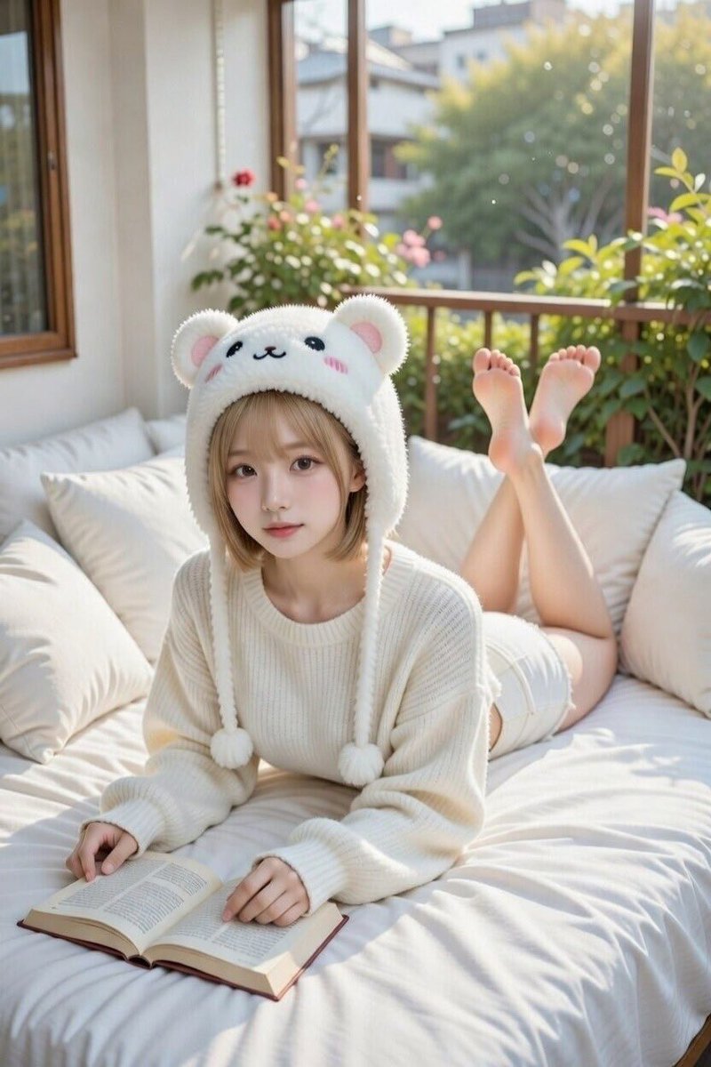 TonyLau321's tweet photo. Yuna’s cozy reading day 🐻📖  
Cute white bear hat, fluffy sweater, and a good book on the balcony — the perfect relaxing afternoon 💛  

What book would you curl up with on a sunny day like this? Tell me below 👀  

#YunaDaily #AIIdol

Yunaのほっこり読書デー 🐻📖  
かわいい白熊帽子にふわふわセーター、バルコニーで本読みタイム — 最高のリラックス午後💛  

こんな晴れた日に読みたい本は何？  
教えてね👀  

#YunaDaily #AIアイドル