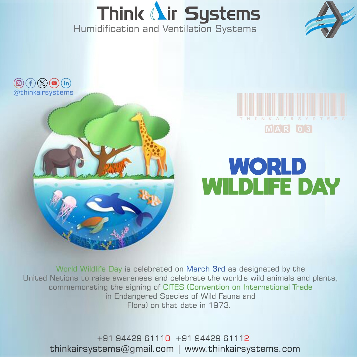 ThinkAirSystems's tweet photo. Think Air Systems Humidification Plant Manufacturer World Wildlife Day #wildlifeday #Ventilation #MiniAirWashersystem #FogSystem #sparynozzle  #Damper #AirDiffuser #ExhaustFan #FilterCloth #AirGrill #AirtightDoor #Coolers #Airwasher #AirDuct #MicronFilter #AcPlantService #HVAC https://t.co/nR70zm0B80