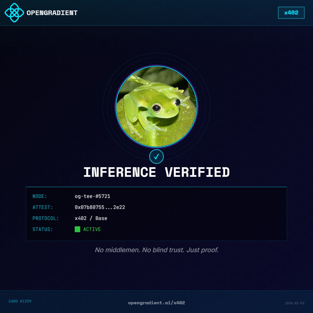 Kulyabula's tweet photo. Just got my x402 Verified Inference Card from @OpenGradient 🔐

Trustless. Verifiable. On-chain.
The future of AI compute is here.

Generate yours → https://t.co/9jQVQIK5Iv

#x402 #OpenGradient #VerifiableAI https://t.co/Z5T0NH4yiV