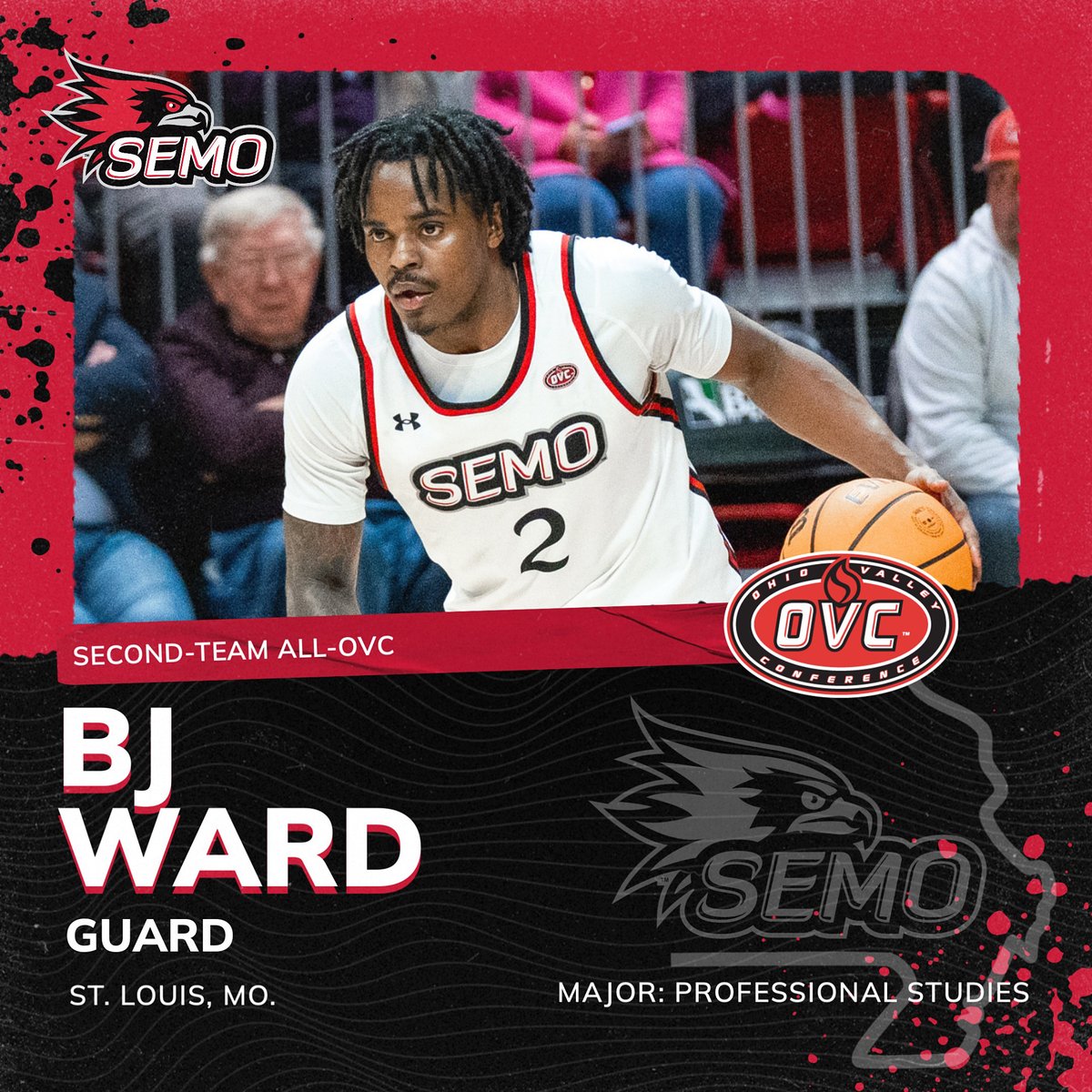 🏀SECOND-TEAM ALL-OVC🏀
BJ Ward earns All-OVC honors for the first time in his career. Ward started all 31 games at point guard and leads the Redhawks with 114 assists. He also ranks second on the team in scoring with 11.5 points a game.