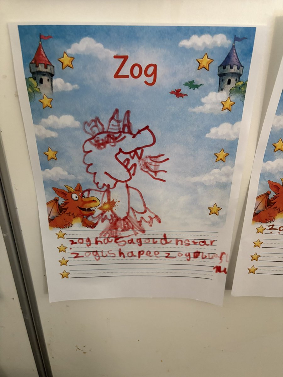 MrsGriffiths7's tweet image. We started our new book about another dragon, Zog. In drawing club we drew him and our passwords were incredible! Well done reception! 🐉🧡🔥 #eyfs #xzog #drawingclub