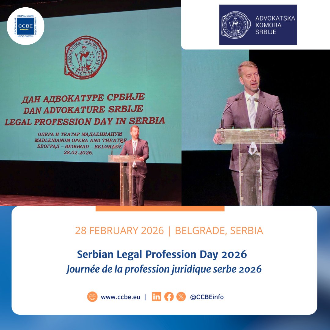 CCBEinfo's tweet photo. 🗣CCBE President Roman Završek spoke at the Gala Academy marking the Serbian Legal Profession Day, underlining that being a lawyer is not just a profession, but a mission: protect justice, defend people’s rights, and give voice to those who cannot be heard. https://t.co/f472SQwdl1