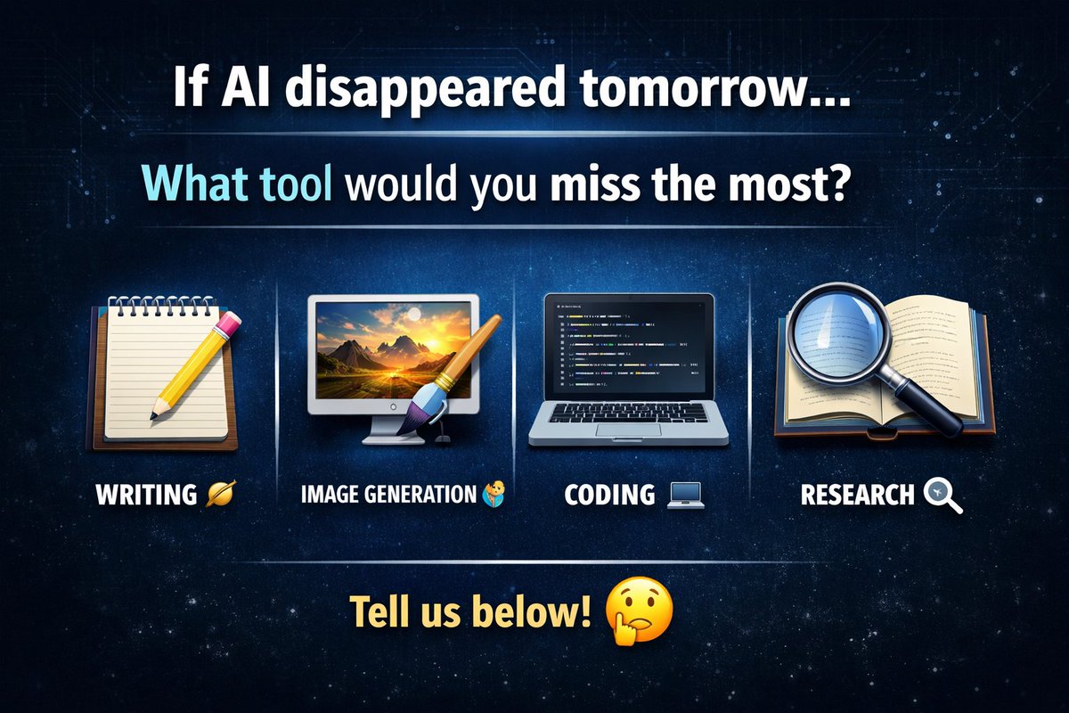 AIHubHQs's tweet photo. If AI disappeared tomorrow…
What tool would you miss the most? 🤔
Writing ✍️
Image generation 🎨
Coding 💻
Research 🔎

Curious what everyone relies on most🤷🏻‍♀️ https://t.co/9OBP4cDkKN
