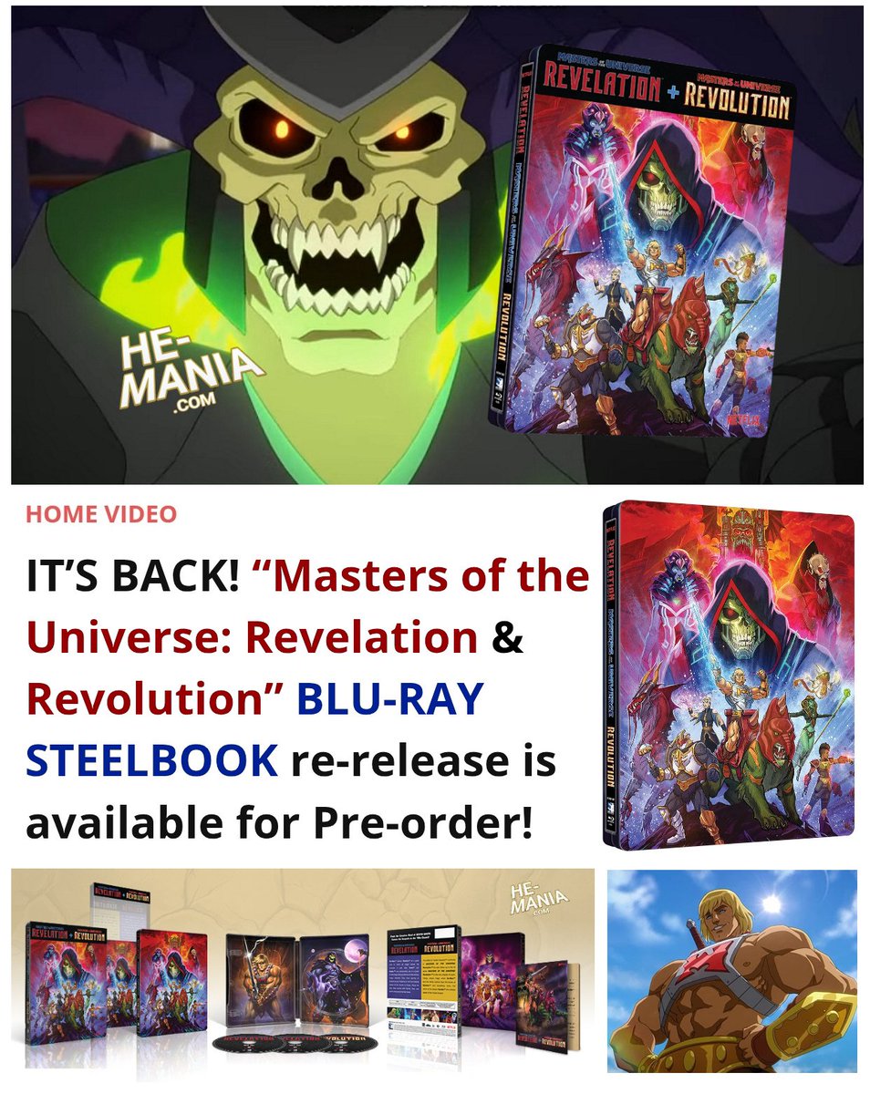 HeManiaOfficial's tweet photo. IT’S BACK! “Masters of the Universe: Revelation & Revolution” BLU-RAY STEELBOOK re-release is available for Pre-order!
Details at He-Mania. com 💥
#MastersoftheUniverse #MOTU #SheRa #SPOP #Bluray #Steelbook #HomeVideo #MOTUR #HeMan #Skeletor #MOTURevolution #MastersoftheUniverseRevolution #MastersoftheUniverseRevelation @ThatKevinSmith