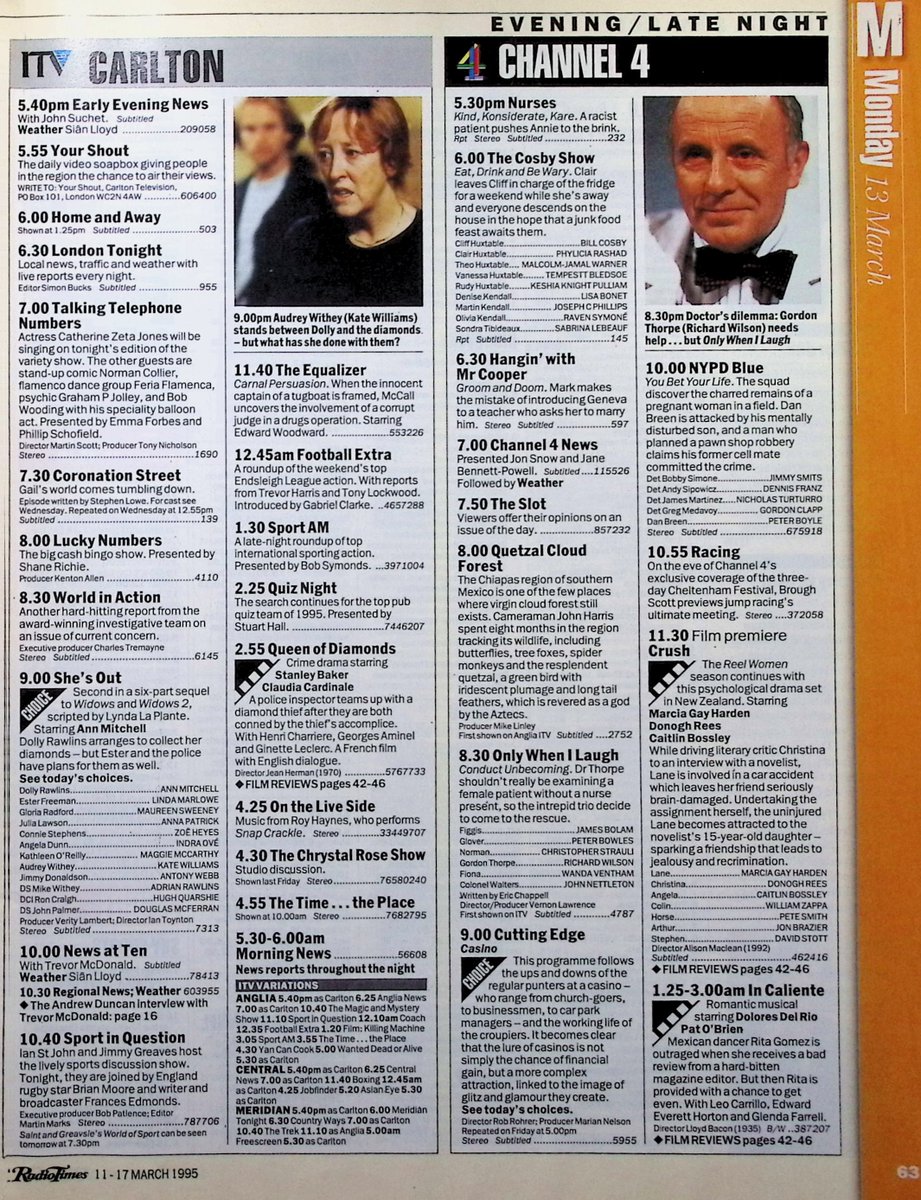 TvDidYouSee's tweet photo. #OnThisDay 13 March 1995 📺TV Listings
#CarolineAherne, as Mrs Merton, plays THAT'S SHOWBUSINESS.
FACE TO FACE with #KenDodd.
Gail's world comes tumbling down in #CoronationStreet.
Carol's keeping secrets in #EastEnders.
There's a Burglary in BOTTOM.
Bad Timing in GAME ON. https://t.co/VuSV2ReoZR